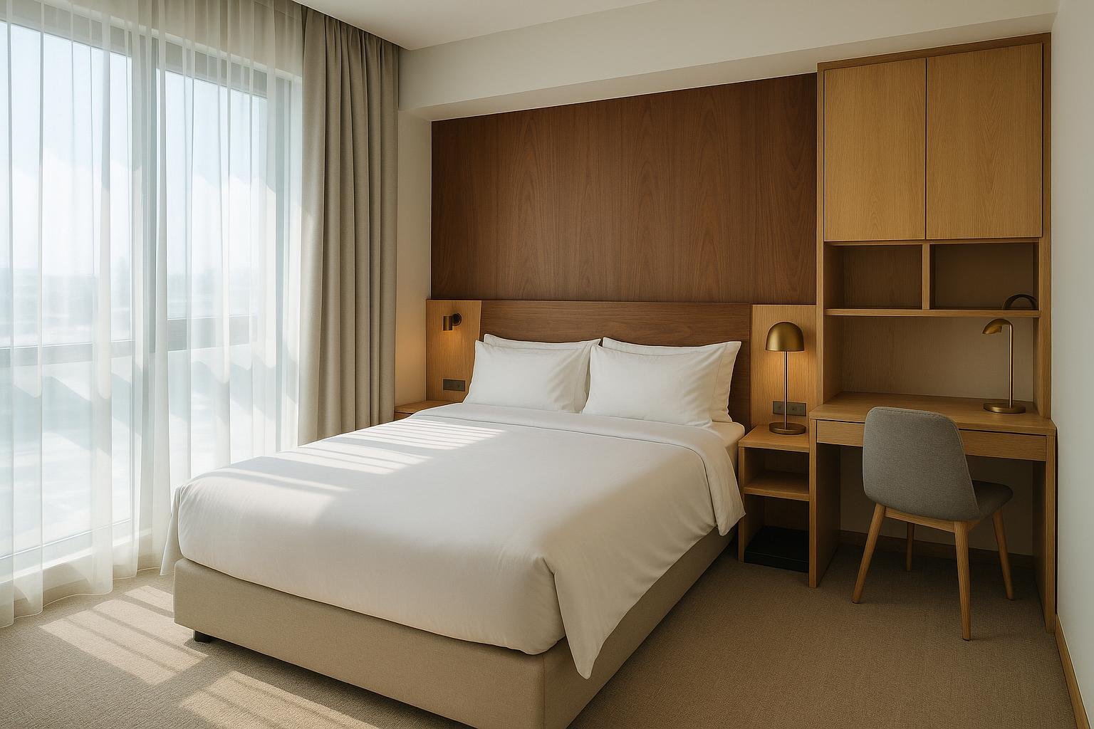 A finished hotel room on handover day, with a walnut headboard wall, wardrobe and desk