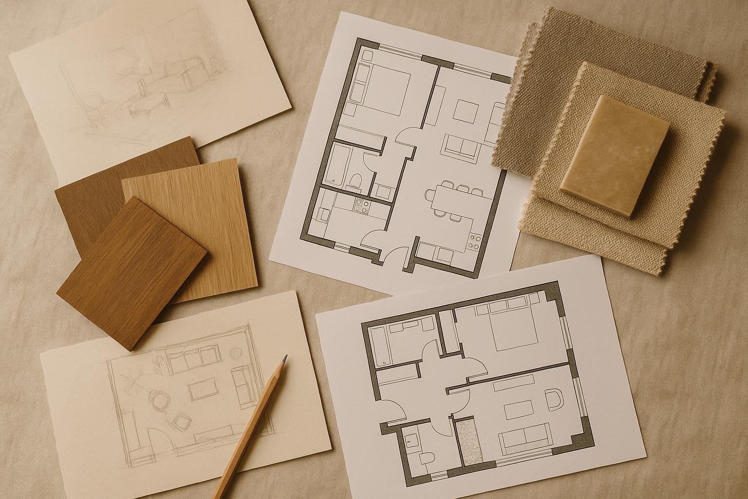 Interior drawings, timber samples and fabric swatches on a studio table