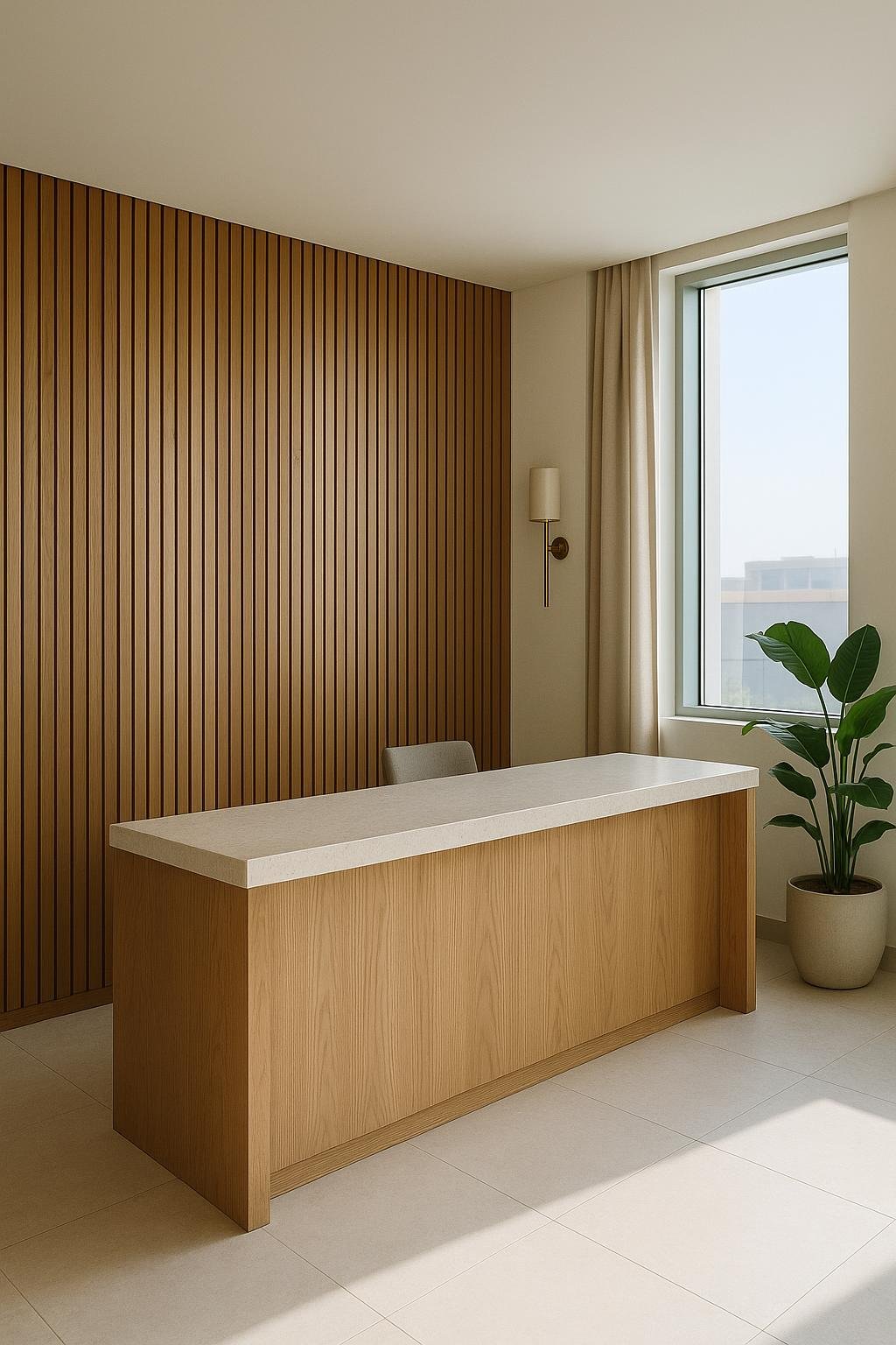 Office reception with a timber-clad counter and slatted wall panelling