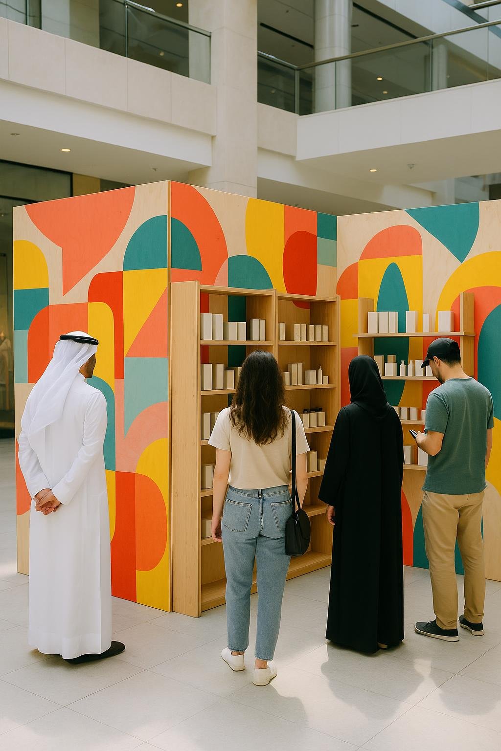 A pop-up store built from printed plywood panels and modular timber shelving