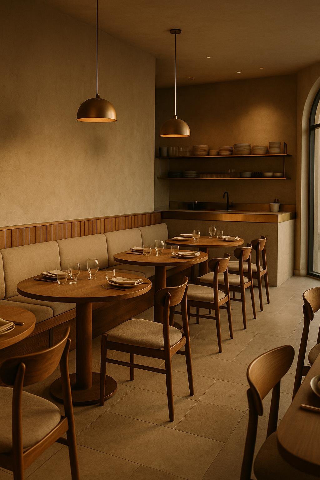 Restaurant dining room with timber banquette seating and a service counter